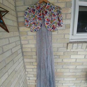 Vintage 1930's Blue Crinkle Gown w/Floral Bolero
